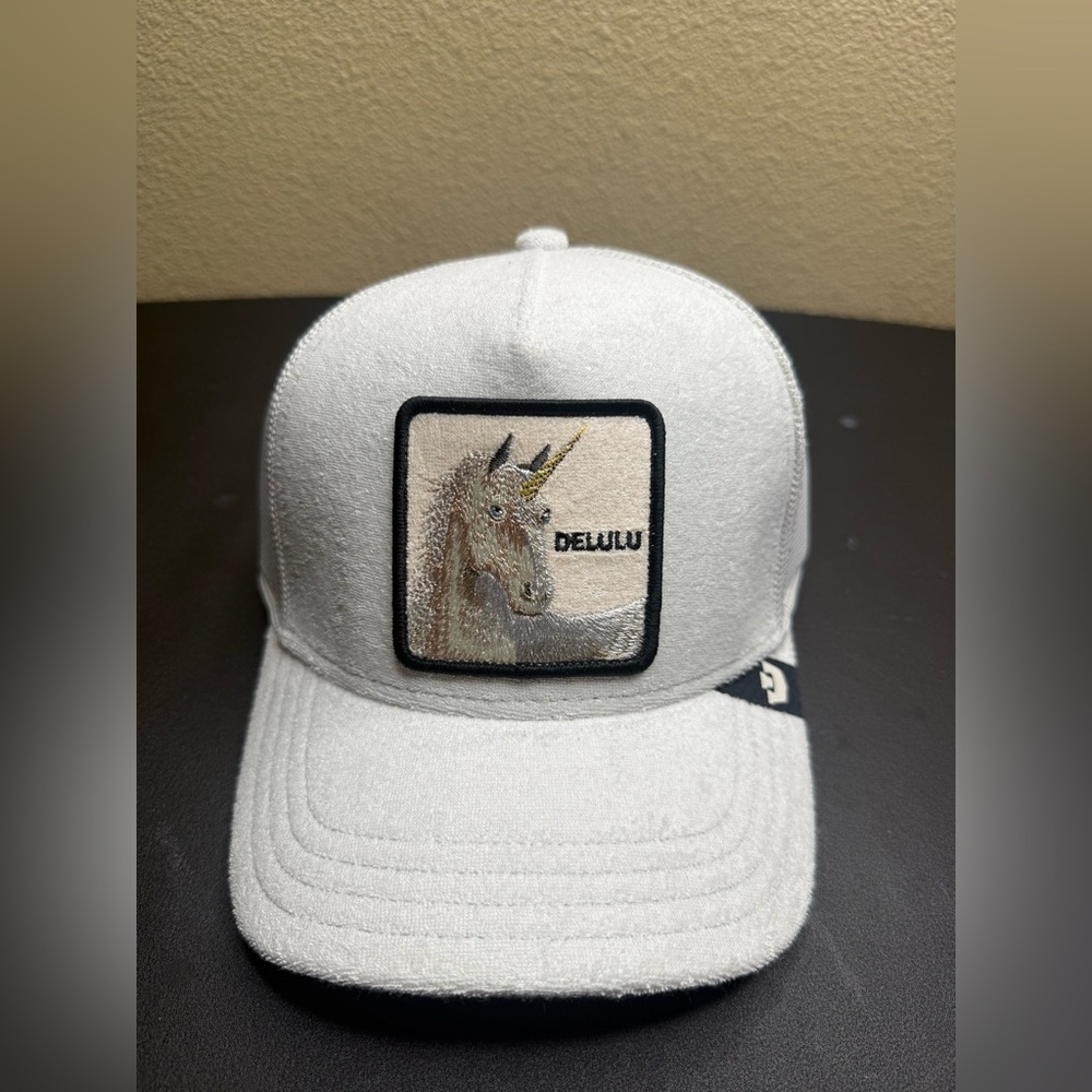 Goorin Bros. “Delulu” Unicorn Trucker Hat – White Terry Cloth – NWT